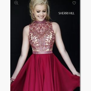 Sherri Hill Fuchsia and Gold Beaded High-Neck Prom Dress